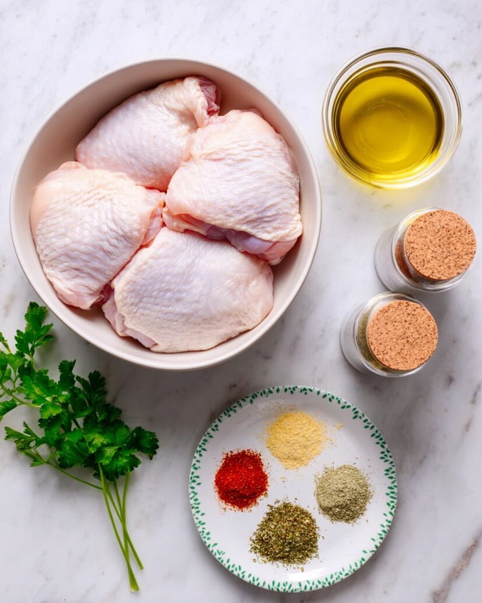 A white bowl filled with four raw chicken thighs, light pink with white skin, placed on a white marbled surface. To the right, a small clear glass bowl contains golden-yellow olive oil, and next to it are two small glass jars with cork lids holding spices. In front of the jars, a small white plate with green leaf patterns holds three spices arranged in neat rows: red paprika, light yellow garlic powder, and green dried herbs. A few sprigs of fresh green parsley lay on the left side of the bowl. photo taken with an iphone --ar 4:5 --v 7
