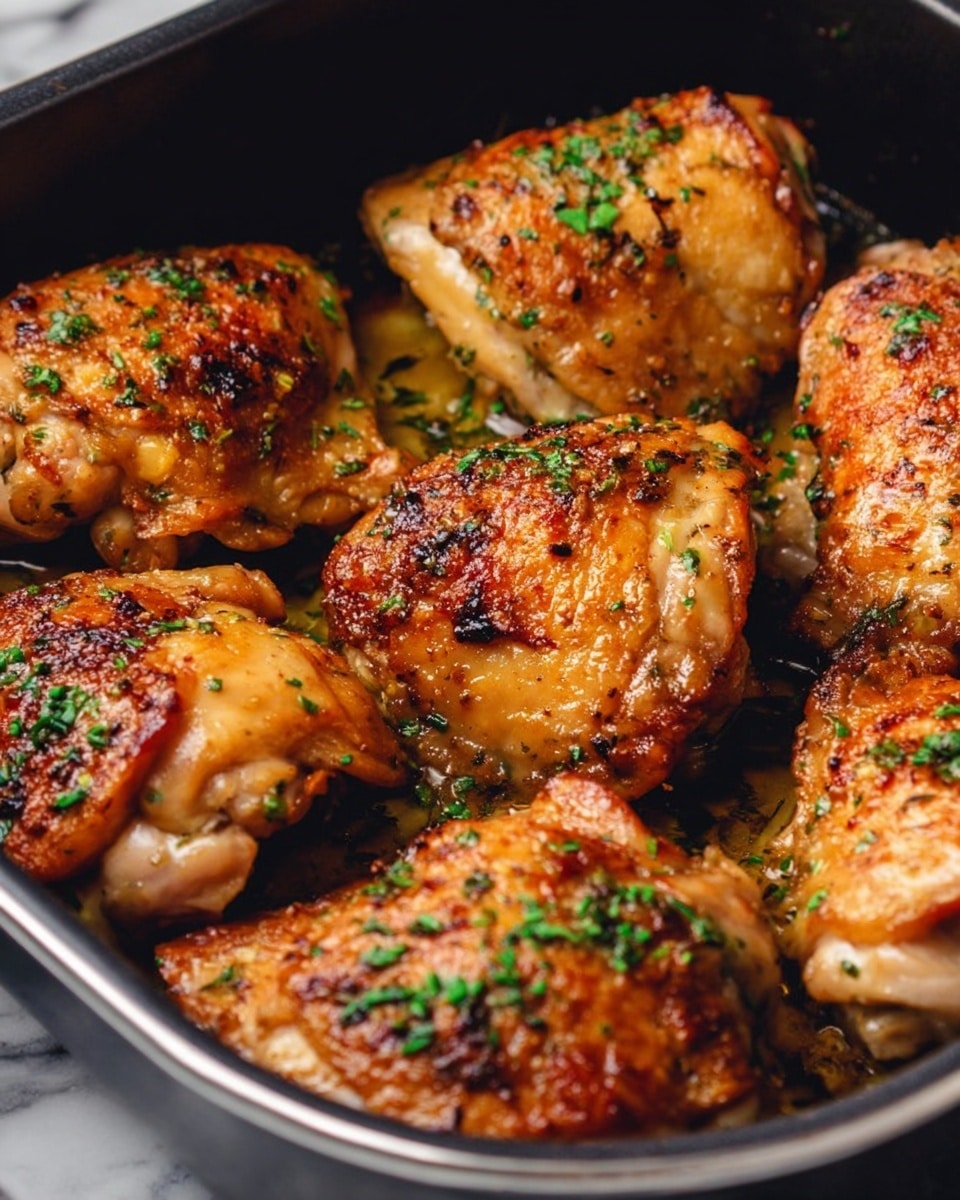 A close-up view of seven pieces of golden brown roasted chicken with crispy skin, scattered with small green herb bits on top. The chicken pieces have a slightly uneven texture showing a juicy inside and are arranged closely in a black roasting pan. The pan sits on a white marbled surface. photo taken with an iphone --ar 4:5 --v 7