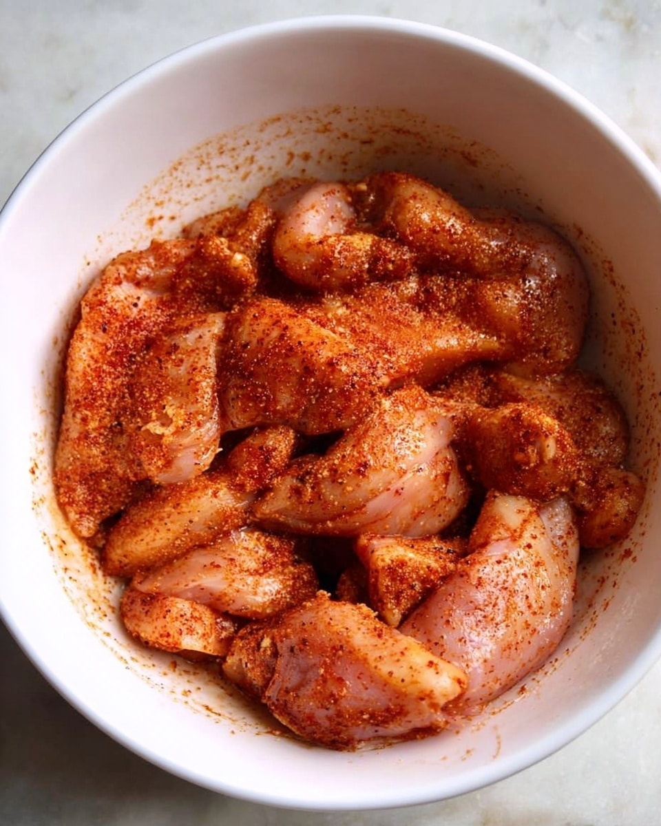 A white bowl filled with raw chicken pieces coated in a reddish spice mix, showing a mix of smooth and slightly moist textures. The spices are spread unevenly, creating areas of darker red and lighter pink on the chicken. The bowl sits on a white marbled surface, adding a bright contrast to the rich colors of the meat and seasoning. photo taken with an iphone --ar 4:5 --v 7