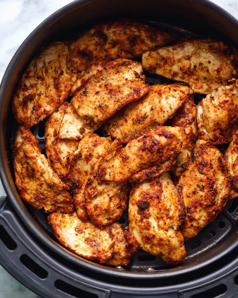 The image shows a black air fryer basket filled with several pieces of cooked chicken with a golden-brown color. The chicken pieces have a textured surface with visible seasoning and slight charring. They are arranged closely together in a single layer that fills the round basket. The basket itself has holes at the bottom for air circulation. The background is a white marbled surface. photo taken with an iphone --ar 4:5 --v 7