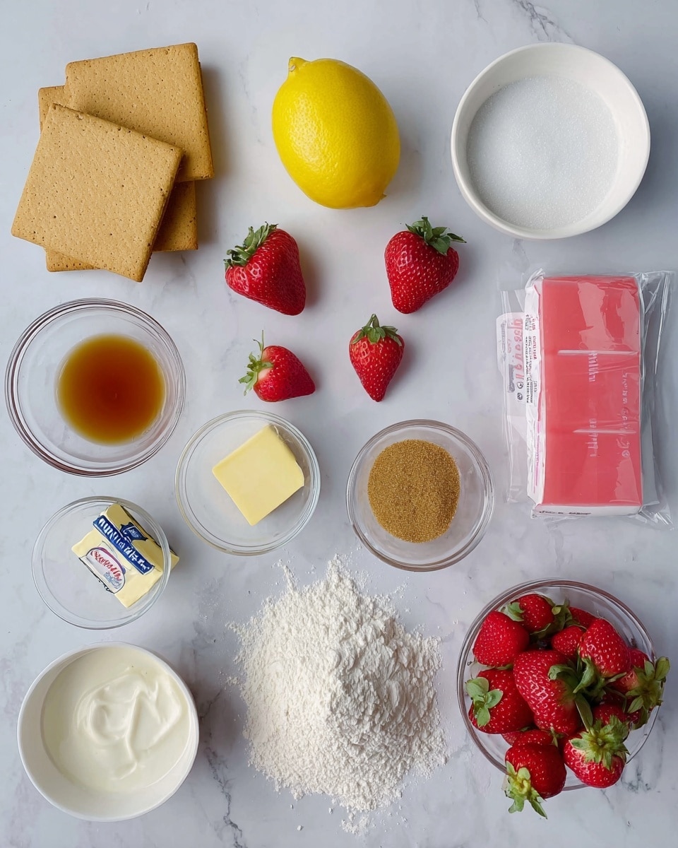 The image shows various baking ingredients arranged neatly on a white marbled surface. There are three square graham crackers on the top left, a small glass bowl with brown sugar next to a bright yellow lemon above three red strawberries scattered around. A white bowl filled with granulated sugar is on the right near a rectangular pink package of strawberry-flavored gelatin. Below the graham crackers, there is a white bowl with white powdered sugar. A small stick of butter in its wrapper sits near the center, with a clear bowl of vanilla extract just below it. A small glass bowl of cream and a few loose strawberries are scattered near a small bowl full of strawberries on the bottom right. Below the butter and cream, a pack of white flour rests flat with some flour spilled on top. Everything is on a white marbled surface. Photo taken with an iphone --ar 4:5 --v 7