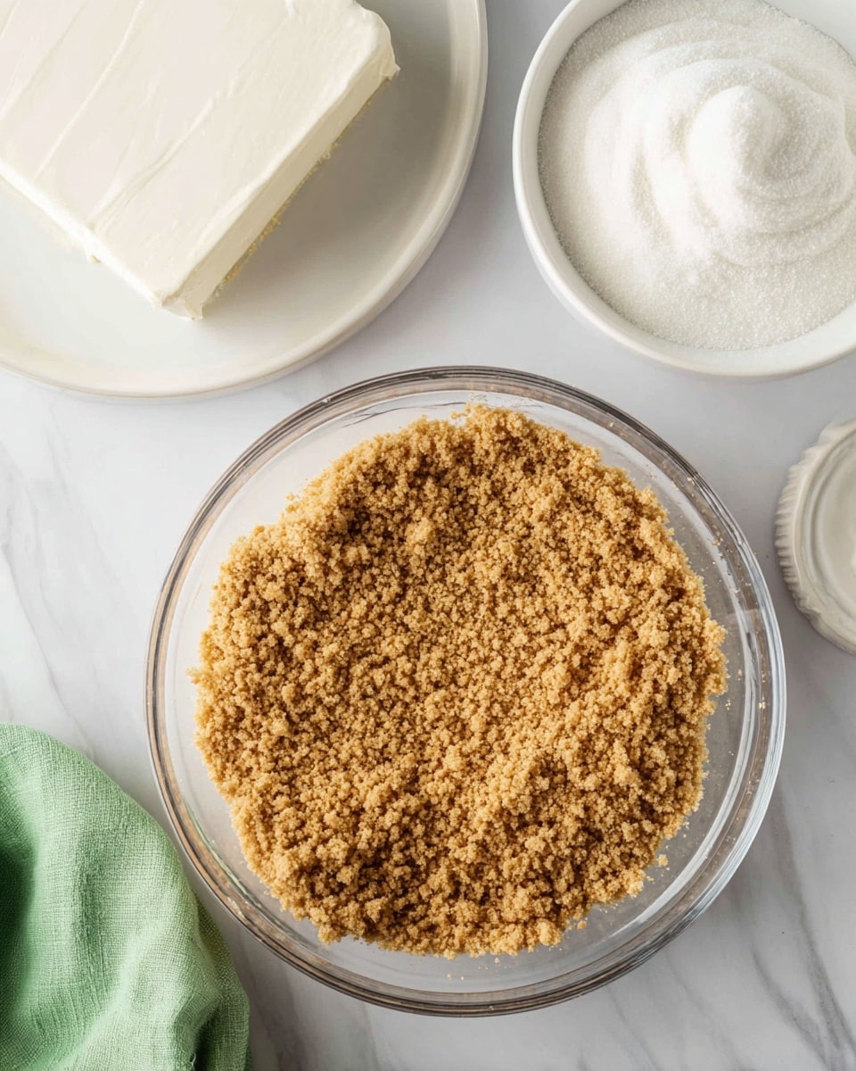 A clear glass bowl filled with a thick, crumbly layer of light brown graham cracker crumbs sits on a white marbled surface. To the upper left, a white plate holds a large block of cream cheese with a smooth, creamy texture. To the upper right, a white bowl is filled with fine, white sugar with a swirling pattern on top. A piece of green cloth is partially visible at the lower right corner. Photo taken with an iphone --ar 4:5 --v 7