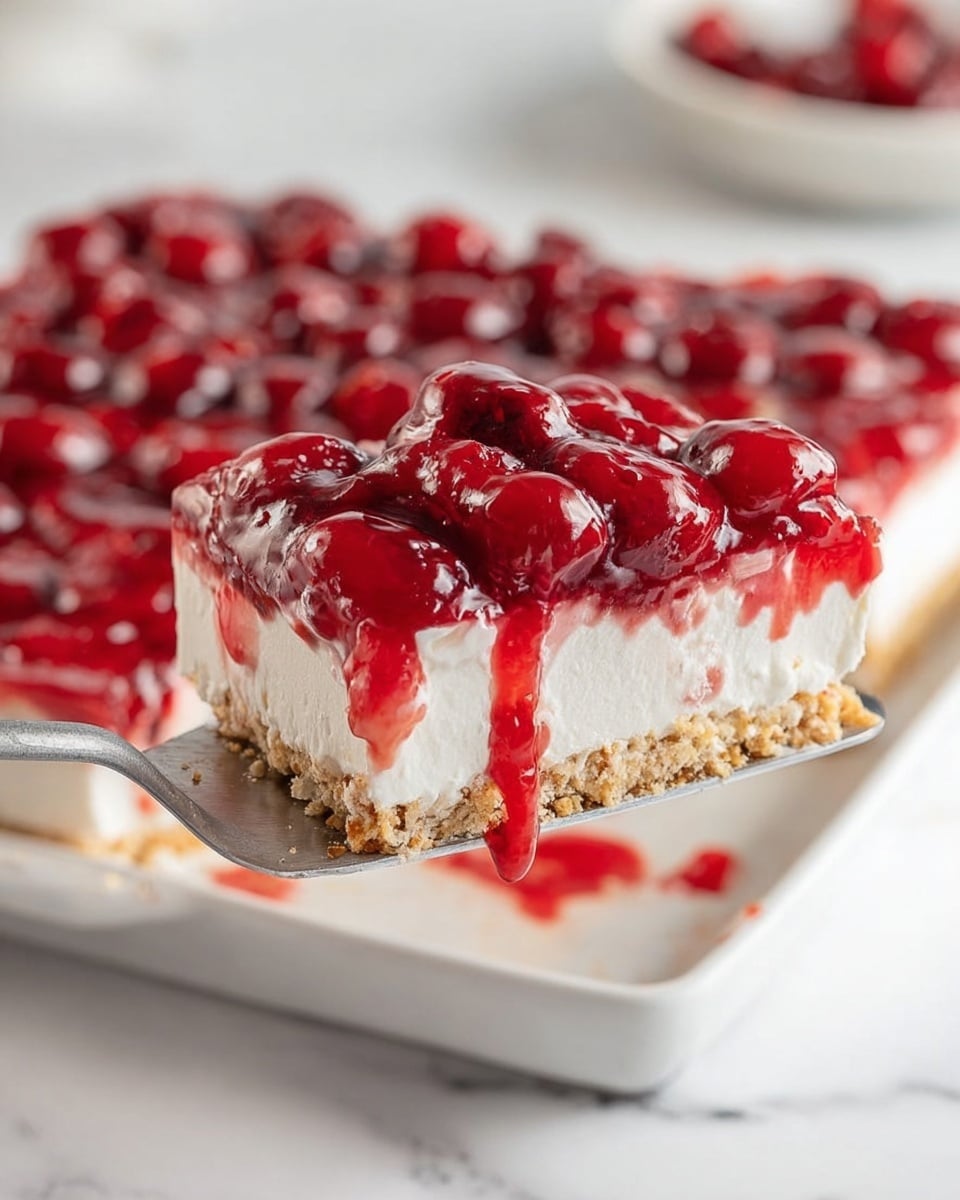 The image shows a slice of a cherry dessert with three clear layers. The bottom layer is light brown and crumbly, resembling a biscuit crust. The middle layer is thick, creamy, and white, looking soft and smooth. The top layer is shiny red with whole cherries covered in a glossy red jelly. The slice is held on a metal spatula above a white dish filled with the rest of the dessert, placed on a white marbled surface. Photo taken with an iphone --ar 4:5 --v 7