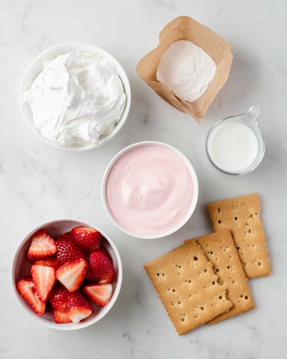The image shows ingredients arranged on a white marbled surface, including a white bowl filled with fluffy white cream and a smaller white bowl containing smooth pink cream placed nearby. A clear measuring cup holds milk positioned next to a small wrapped piece of brown paper filled with white powder. Below, a white bowl is filled with fresh, sliced strawberries, and to the right, there are four rectangular graham crackers with small holes evenly spread on their surface. The setup is neat and bright, showing a mix of creamy and fresh textures. Photo taken with an iphone --ar 4:5 --v 7