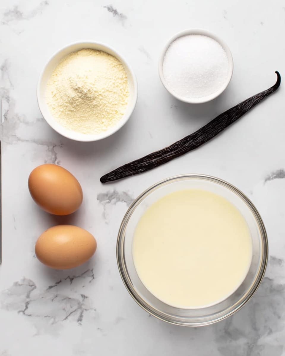 A white marbled surface holds several cooking ingredients arranged neatly. There is a small white bowl with a pale yellow powder, a long dark brown vanilla bean pod placed horizontally, two brown eggs close together, and a larger clear bowl filled with a creamy light yellow liquid. There is also a small white bowl containing white granulated sugar. All items are spaced evenly, showing a clean and simple layout. Photo taken with an iphone --ar 4:5 --v 7