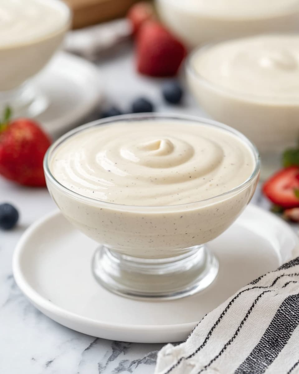 A single clear glass bowl filled with a smooth, creamy, pale vanilla pudding that has tiny dark specks evenly spread throughout. The pudding forms a small swirl peak at the center. The bowl sits on a white plate placed on a white marbled surface. There is a white cloth with black stripes casually folded to the right side of the plate. In the blurry background, there are similar bowls filled with the same pudding and a few scattered strawberries and blueberries. Photo taken with an iphone --ar 4:5 --v 7