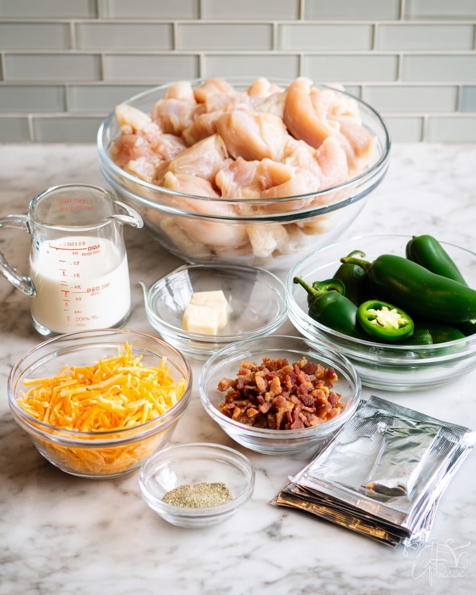 The image shows eight glass bowls and measuring cup arranged on a white marbled surface. At the center back, a large clear glass bowl holds many pieces of raw, light peach-colored chicken. To the right, a medium clear glass bowl contains several whole green jalapeño peppers stacked together. To the left, a glass measuring cup filled with white cream sits behind three smaller glass bowls; the first at front left is filled with shredded orange cheddar cheese, the second behind it contains chopped cooked brown bacon pieces, and the smallest bowl held in front contains a small amount of finely ground garlic powder. In the center front, there are two rectangular silver foil packets stacked on top of each other. The background is a light tile wall. photo taken with an iphone --ar 4:5 --v 7