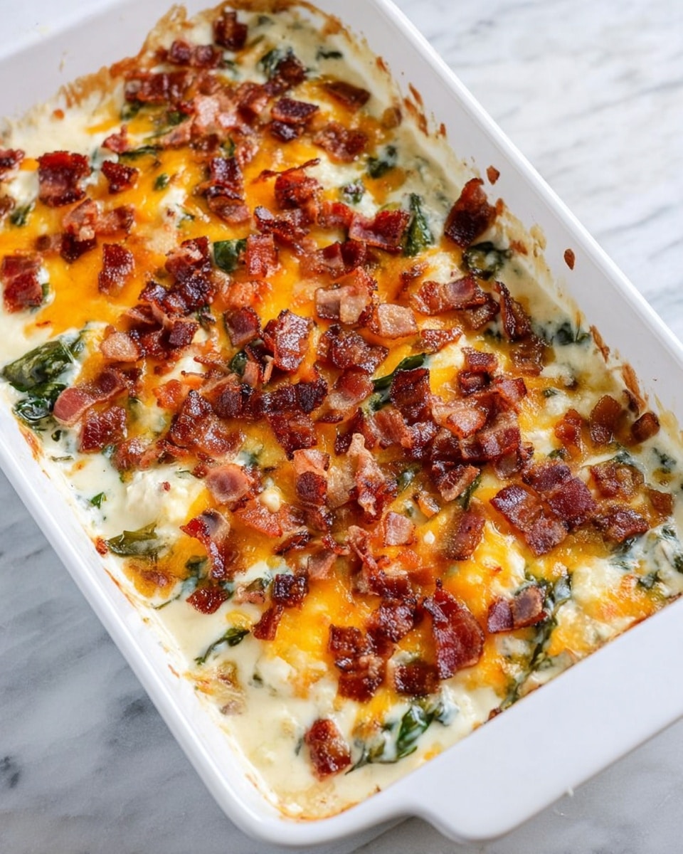 The image shows a white rectangular baking dish filled with a creamy casserole. The top layer is a mix of melted cheddar cheese with a golden orange color and browned crispy bits, scattered over chunks of cooked bacon that are reddish-brown and slightly crunchy. Below this, there are visible layers of cooked dark green leafy vegetables swimming in a creamy white sauce. The edges of the dish show a bit of creamy sauce bubbling, with a smooth texture under the toppings. The dish sits on a white marbled surface. photo taken with an iphone --ar 4:5 --v 7