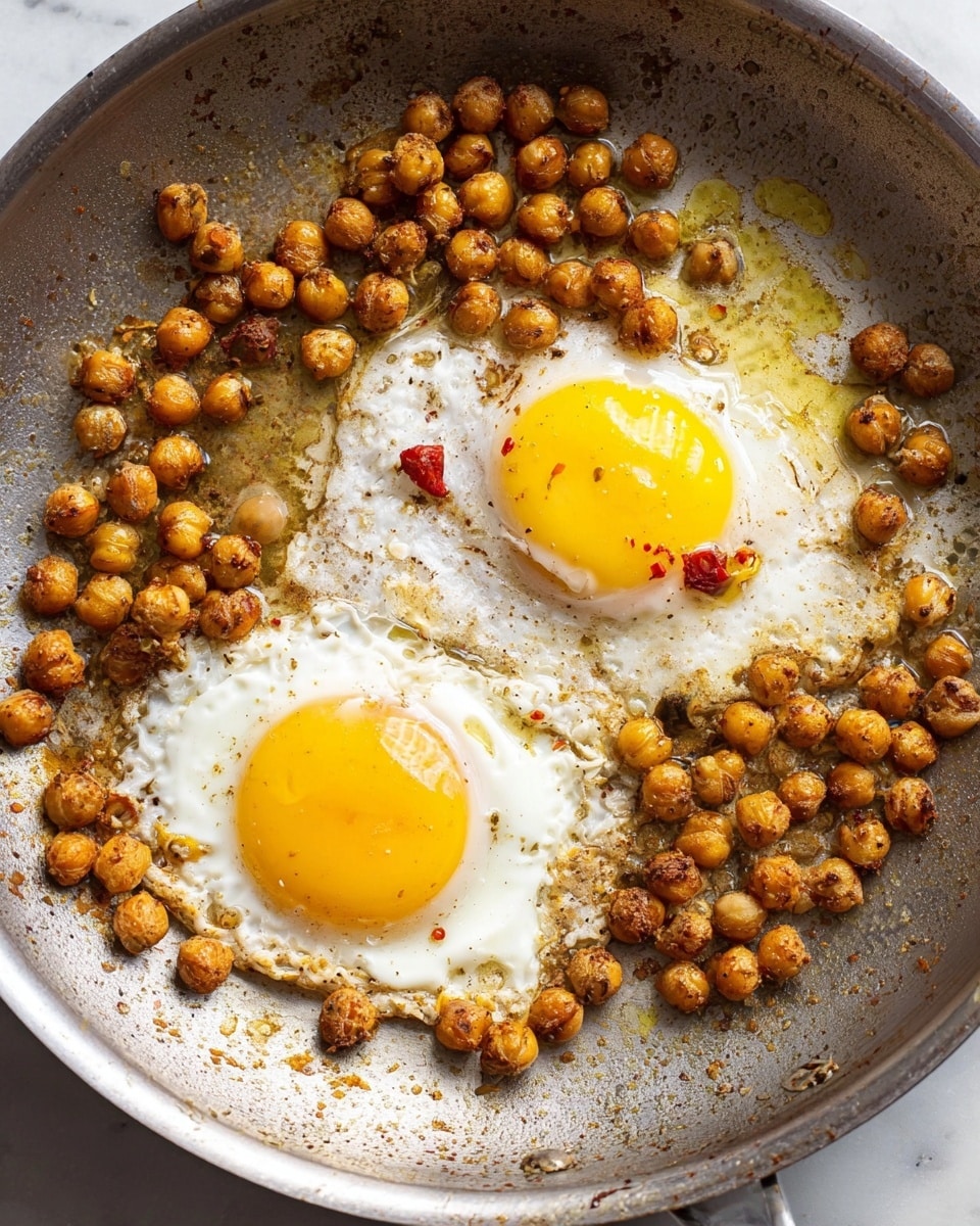 In a large silver pan, there are two sunny side up eggs with bright yellow yolks and white cooked edges, each surrounded by a circle of crispy, browned chickpeas. The chickpeas are golden brown with some darker spots, showing a roasted texture, and are scattered unevenly around the eggs. There are small pieces of red chili pepper and a light layer of cooking oil and spices spread across the pan, which has some burnt bits that add texture. The scene is set on a white marbled surface. photo taken with an iphone --ar 4:5 --v 7