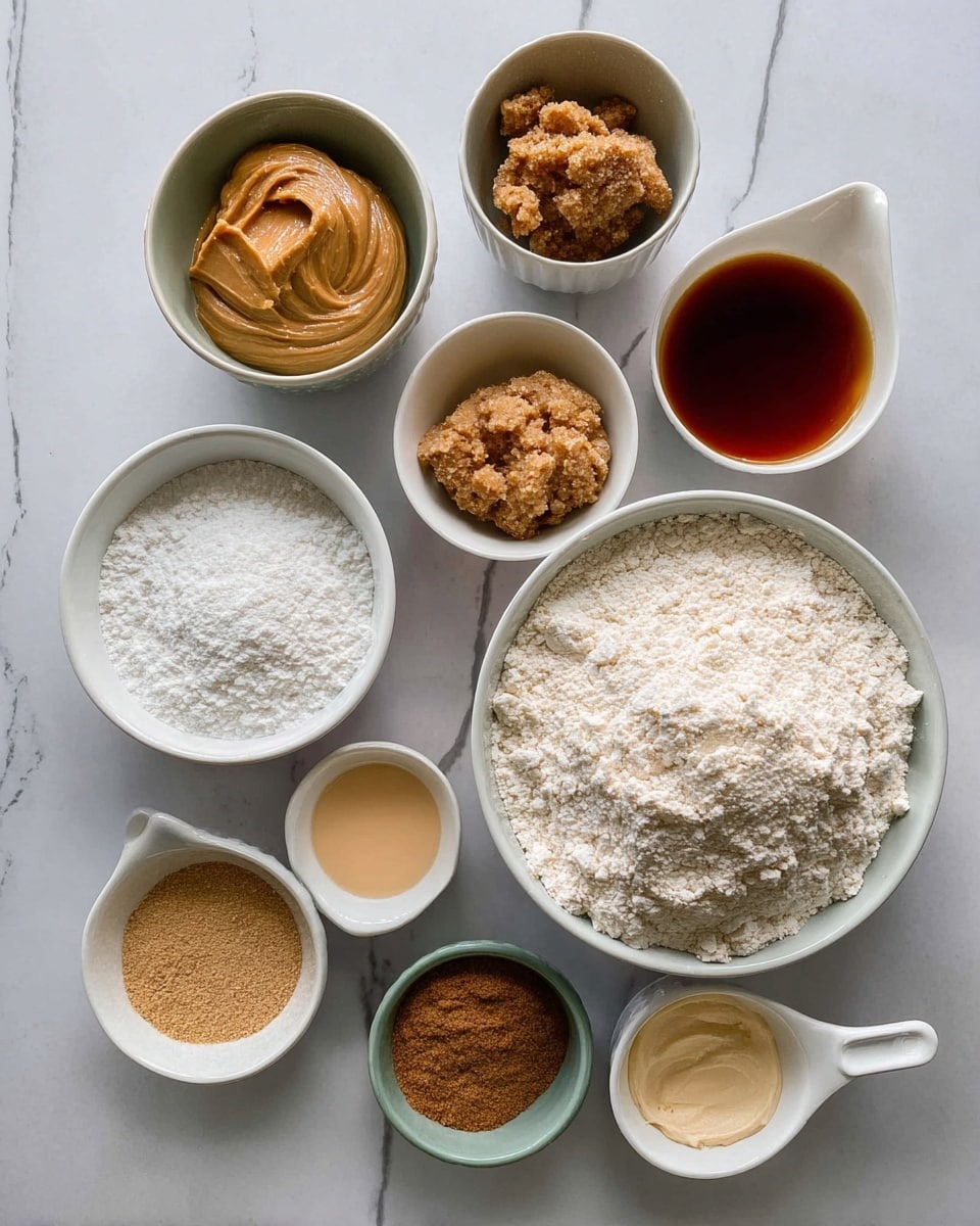 The image shows eight small white bowls and one white measuring cup arranged on a white marbled surface. The largest bowl is in the center, full of white flour with a rough, powdery texture piled high. Around it are smaller bowls containing different ingredients: one with thick light brown peanut butter-like spread, one with dark brown sugar clumps, one with a light brown liquid, one with a darker amber liquid, one with a creamy light beige substance in a white measuring cup, one with a grainy pale golden liquid, and two small bowls each holding dry brown powders and white powder mixed together. The arrangement is neat and the colors range from white and beige to light and dark browns. Photo taken with an iphone --ar 4:5 --v 7