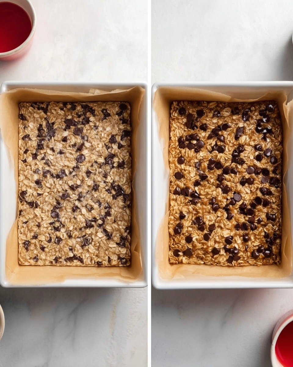 The image shows two square white baking pans lined with parchment paper, placed side by side on a white marbled surface. Each pan contains a single thick layer of oat and chocolate chip mixture. The left side has a lighter, raw dough mixture with visible oats and evenly spread dark chocolate chips, with a rough texture. The right side shows the mixture baked, slightly darker golden brown with a smoother top, and chocolate chips scattered across the surface. A small part of a white bowl and a red cup are partly visible at the edges. The scene is bright and clear. photo taken with an iphone --ar 4:5 --v 7