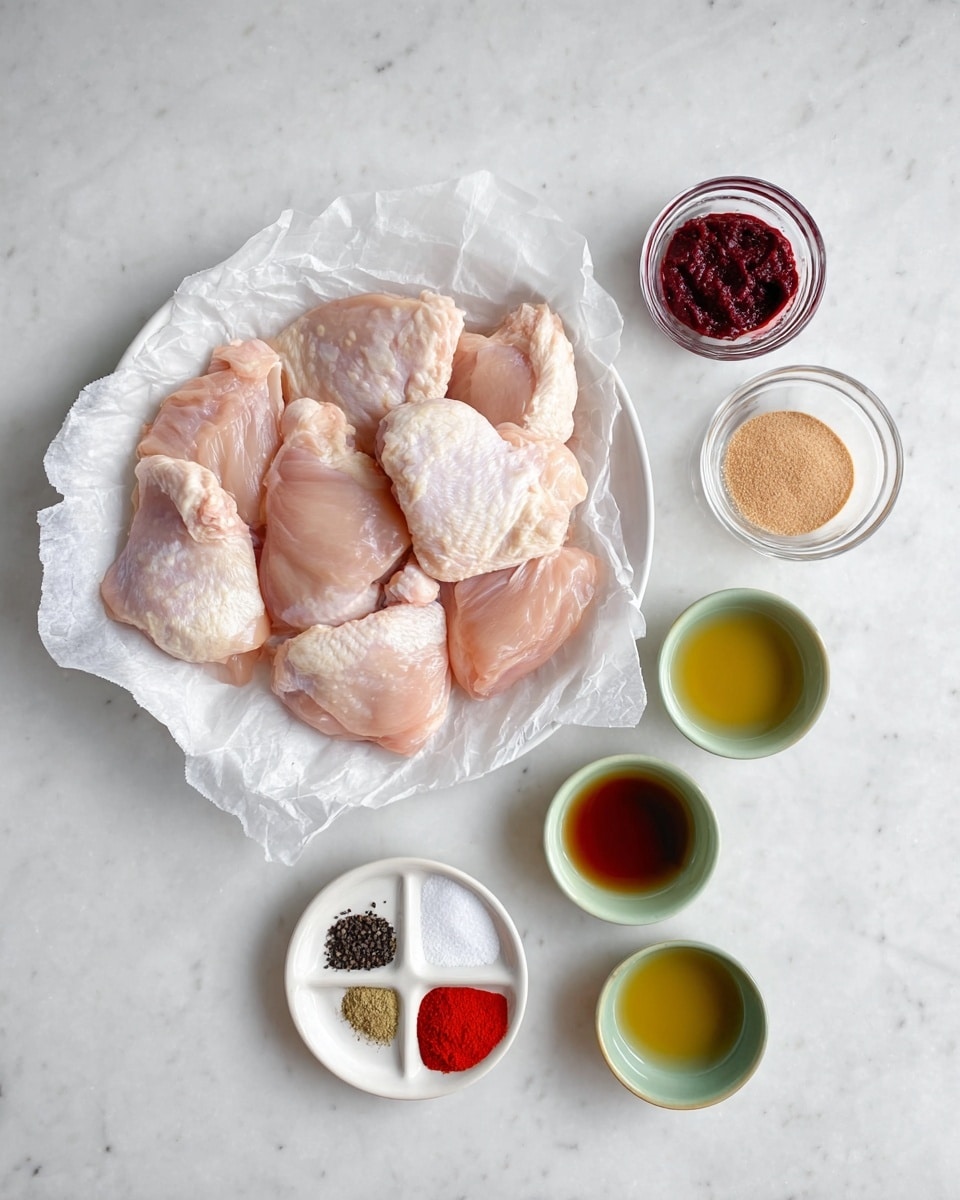 A white round plate lined with crumpled white parchment paper holds about ten raw, light pink chicken thighs with some white fat. To the right of the plate are six small bowls arranged vertically on a white marbled surface: on top is a clear glass bowl with a dark red paste, below it a white bowl with light brown sugar, next a pale green bowl with bright red powder, at the bottom left a small white dish divided into sections holding various spices including black, white, red, and beige powders, next a pale green bowl with golden liquid, and last a pale green bowl with a dark brown liquid. photo taken with an iphone --ar 4:5 --v 7