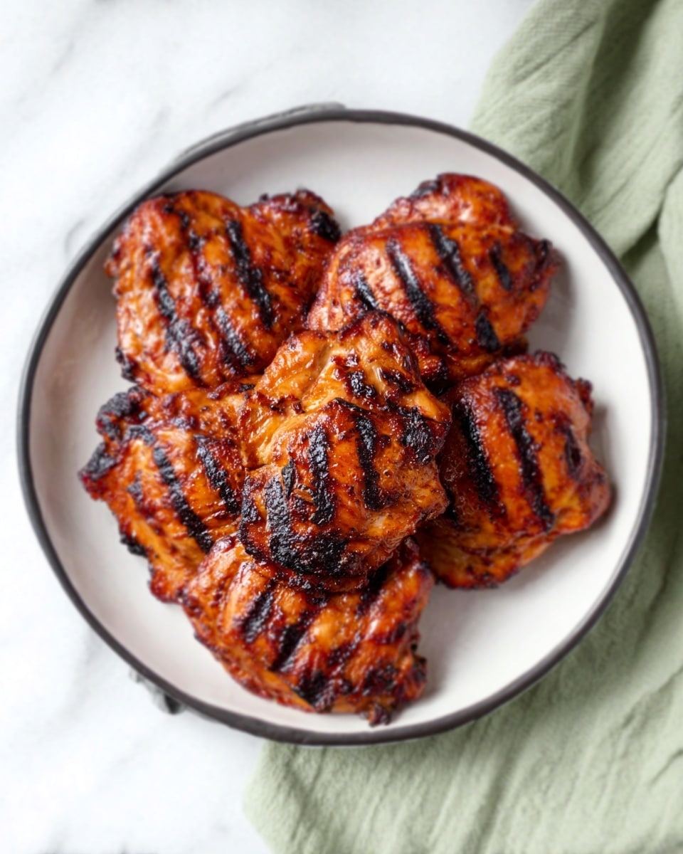 The image shows four grilled chicken thighs with clear dark grill marks on the surface, arranged close together in a white bowl with a black rim. The chicken pieces have a rich reddish-brown color with some areas darker from the grill, and a slightly shiny texture showing they are well cooked and moist. The bowl sits on a white marbled surface, and a light green cloth is partially visible at the top right corner. photo taken with an iphone --ar 4:5 --v 7