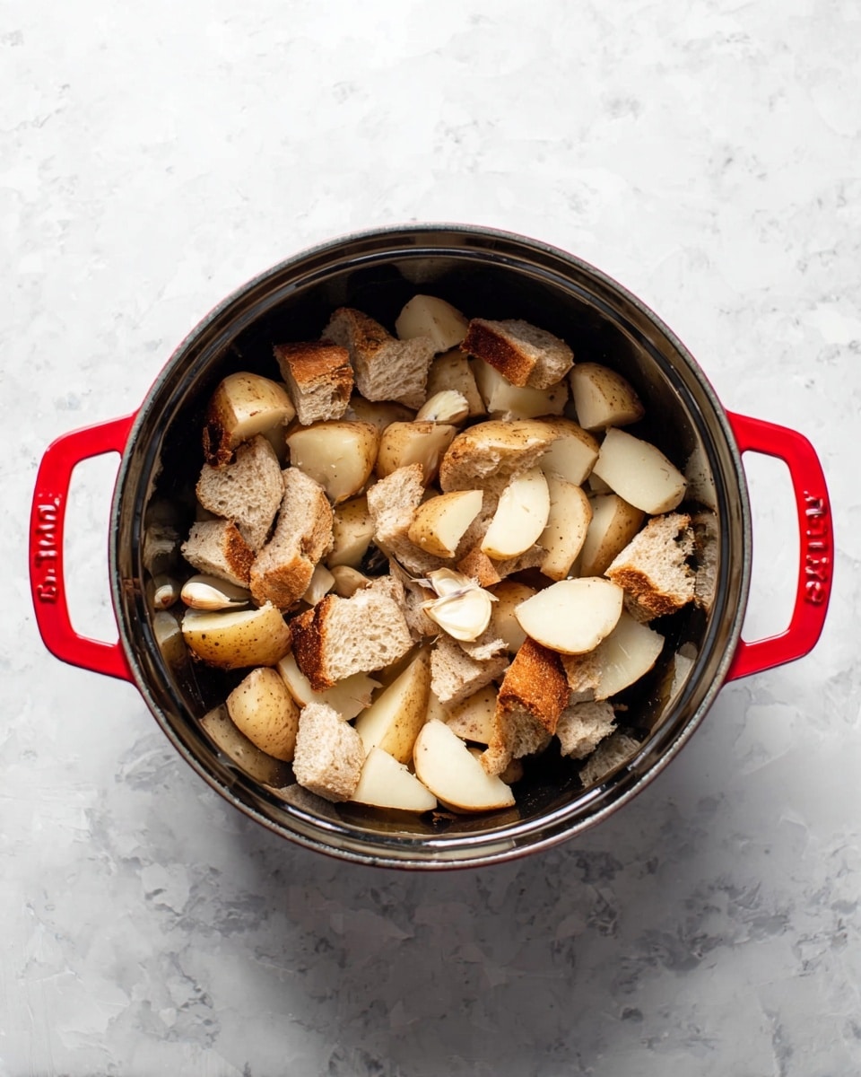 The image shows a black round pot with red handles placed on a white marbled surface. Inside the pot, there are several large pieces of potato with the skin on, each cut into uneven chunks. Mixed among the potatoes are thick, uneven pieces of whole grain bread, and several whole garlic cloves scattered throughout. The ingredients fill the pot loosely, with visible spaces between pieces, showing a mix of light beige bread, white potato flesh, brown skin, and pale garlic. photo taken with an iphone --ar 4:5 --v 7