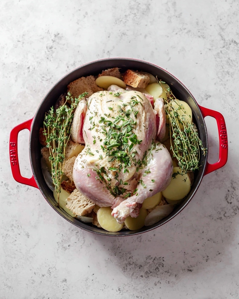A whole raw chicken with pale pink and white skin is placed at the center inside a black pot with bright red handles, sitting on a white marbled surface. The chicken is topped with some chopped green herbs and surrounded by sprigs of fresh thyme. Underneath the chicken, there are thick slices of light yellow potatoes and pieces of rustic brown bread. The dish looks fresh and ready to cook, with natural colors and textures visible. Photo taken with an iphone --ar 4:5 --v 7