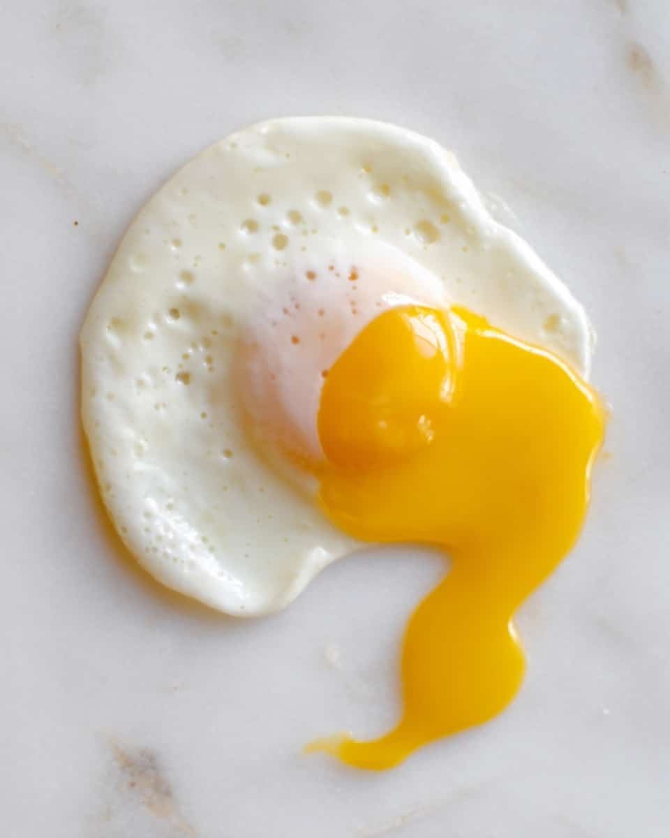 The image shows a single cooked egg on a white marbled surface. The egg white is round, smooth, and slightly cooked with a soft texture. The yolk is bright yellow and partially broken, spilling out in a thick stream on the right side of the egg white. The egg white has small bubbles and a gentle shine from the light. The overall look is fresh and simple with no extra items around. photo taken with an iphone --ar 4:5 --v 7