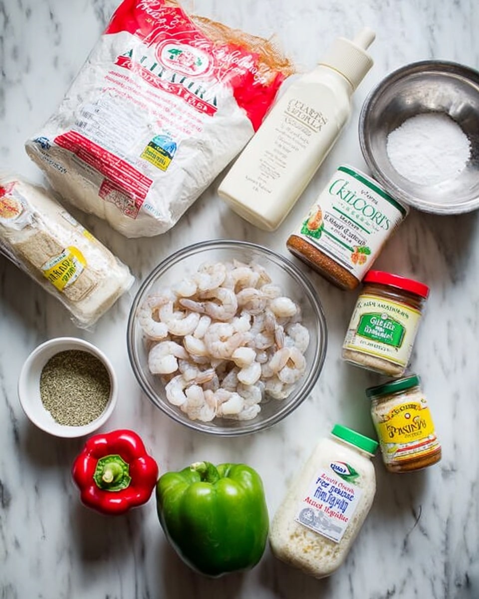 The image shows ingredients neatly arranged on a white marbled surface. In the center, there is a clear glass bowl filled with raw shrimp. To the left, there are two bags, one large white and red bag of all-purpose flour and a smaller white bag of cornmeal. On the right side, there is a tall white bottle of ranch dressing, a jar of Italian dressing, a jar of grated Parmesan cheese, and a jar of hoagie spread sauce. Near the top, there is a small white bowl filled with dried herbs, a green bell pepper, and a red bell pepper. An empty silver metal bowl sits at the top right. A white cloth is partially inside the glass bowl holding the shrimp. The whole setup is simple and organized, with a clean, bright look. photo taken with an iphone --ar 4:5 --v 7