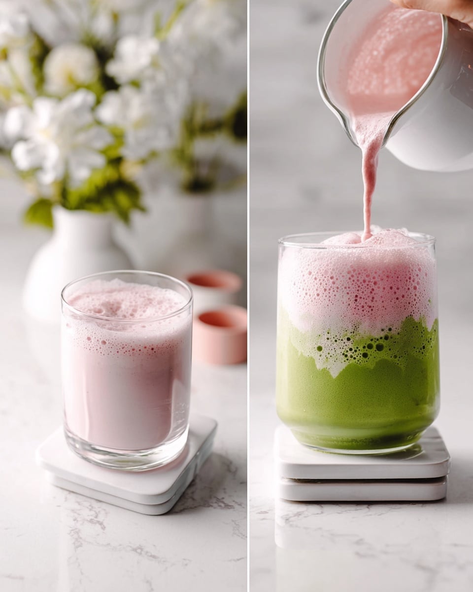 The image shows a two-layer drink in a clear glass on a white marbled surface. The bottom layer is smooth, thick, and green, filling about two-thirds of the glass. On top, a pink frothy layer is being poured from a white pitcher by a woman's hand, creating a soft foam that covers the green layer with bubbles visible. The glass sits on two stacked white square coasters, and in the background, there are blurred white flowers with green leaves and small white and pink vessels on the white marbled surface. Photo taken with an iphone --ar 4:5 --v 7