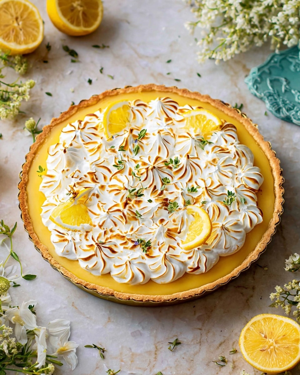 A lemon meringue pie with three visible layers: a golden brown crust forming the base, a smooth and bright yellow lemon filling in the middle, and a thick layer of white meringue on top piped in swirls and small peaks, some tips lightly toasted golden brown. The pie is decorated with lemon slices and scattered small green herb leaves on top. It sits on a white marbled surface with some fresh herbs, white flowers, and lemon halves around it. Photo taken with an iphone --ar 4:5 --v 7