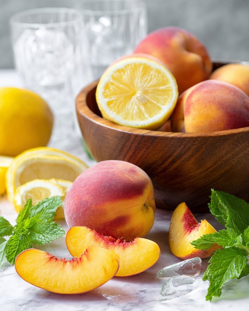 The image shows a wooden bowl filled with whole peaches and one half lemon placed on top, showing its bright yellow flesh. In front of the bowl, a whole peach sits on a white marbled surface, with three peach slices lying next to it, revealing their soft orange flesh with a red center. Around the peach slices, there are lemon slices and fresh green mint leaves scattered with some ice cubes. In the background, blurred clear glassware is visible, all placed on the white marbled surface. Photo taken with an iphone --ar 4:5 --v 7