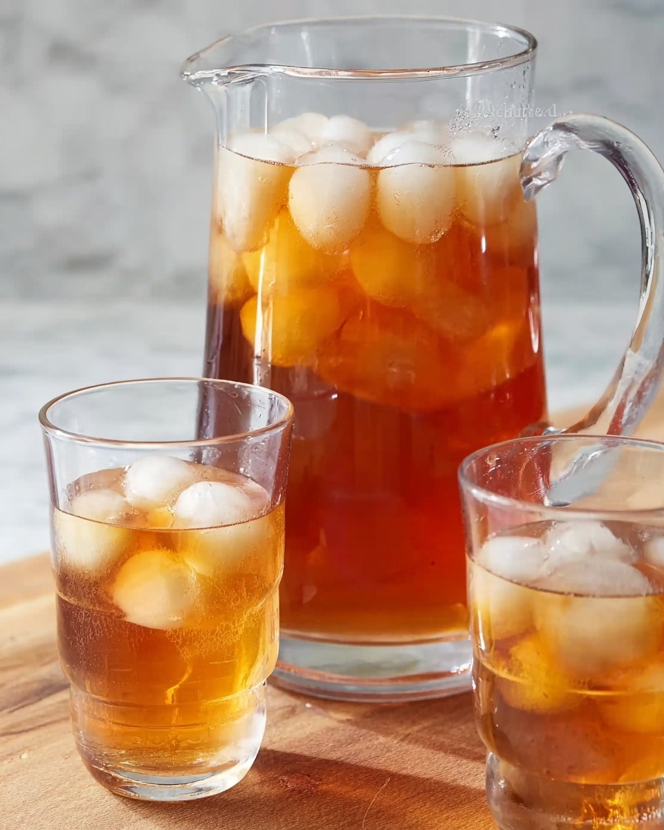 The image shows a large clear glass pitcher filled with amber-colored iced tea and several white ice cubes floating in it, placed on a wooden surface. In front of the pitcher, there are two clear glasses also filled with the same iced tea and ice cubes, with the right glass slightly blurred and the left glass partially visible. The background and surface are a white marbled texture. The scene is bright and clear, highlighting the cool refreshing drink, photo taken with an iphone --ar 4:5 --v 7