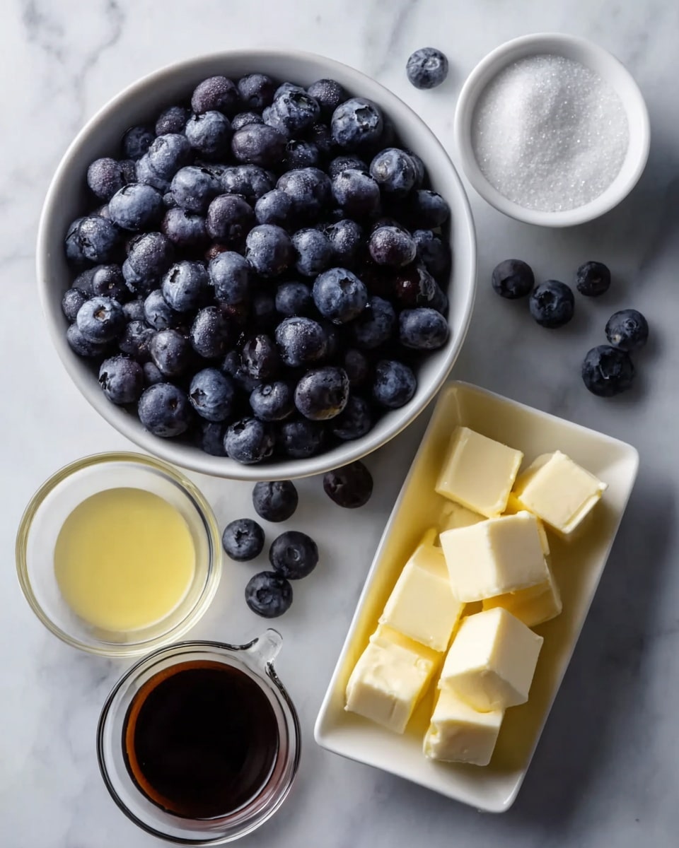 A white bowl filled with many plump, dark blue blueberries sits on a white marbled surface, with some blueberries scattered around it. To the right, there is a small white bowl with white granulated sugar and a white rectangular dish holding several large pale yellow cubes of butter. Below these bowls, there are two small clear glass bowls, one with a light yellow liquid and the other with a dark brown liquid. The scene is lit softly from above, showing the smooth textures of the ingredients clearly, photo taken with an iphone --ar 4:5 --v 7