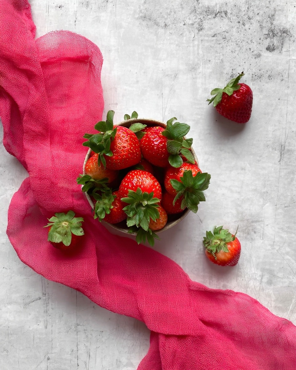 A small round bowl filled with bright red strawberries with green leaves is placed on a white marbled surface. There are two extra strawberries outside the bowl, one lying close to the bowl and another one a bit away. A bright pink cloth is loosely spread around the bowl, with a few strawberries resting on it. The whole scene has a light, fresh feeling with natural colors and textures. Photo taken with an iphone --ar 4:5 --v 7