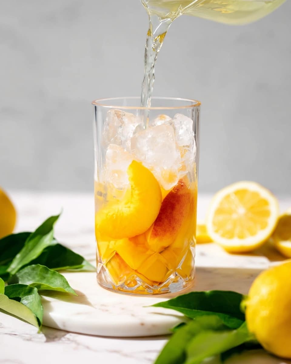 A clear glass filled with bright yellow peach slices at the bottom, topped with large clear ice cubes, and a pale liquid being poured into the glass from above. The scene is set on a white marbled surface with fresh lemon slices and green leaves nearby. The colors are light and fresh, making the drink look cool and refreshing. Photo taken with an iphone --ar 4:5 --v 7