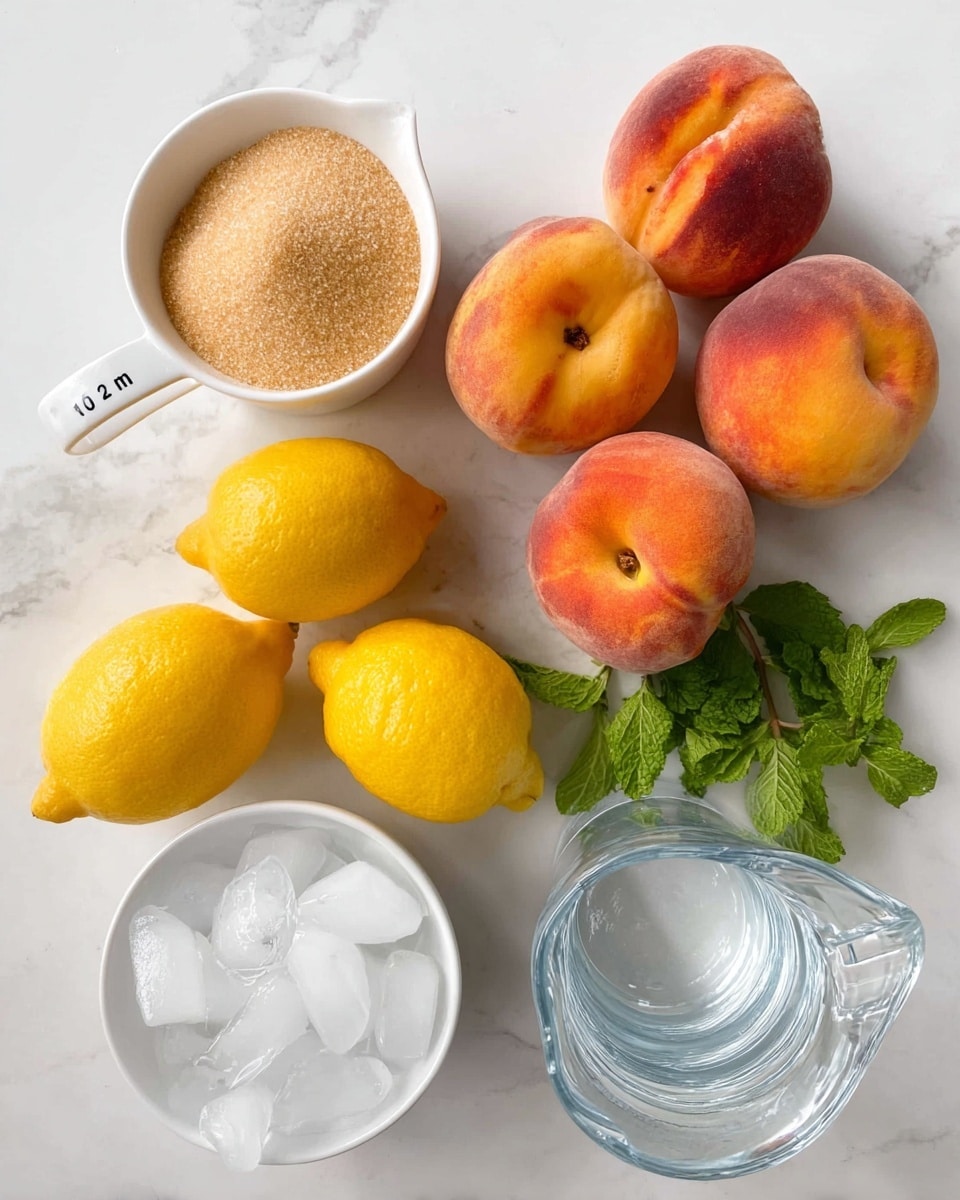 The image shows a group of seven whole peaches with orange and reddish skin on a white marbled surface. Below the peaches are three whole yellow lemons with a bright green mint sprig beside them. On the left side is a white measuring cup filled with light brown sugar, labeled 1/2. At the bottom left is a white bowl with clear ice cubes. On the bottom right is a clear glass pitcher filled with water. The colors are bright and fresh, with a clean, simple look. Photo taken with an iphone --ar 4:5 --v 7
