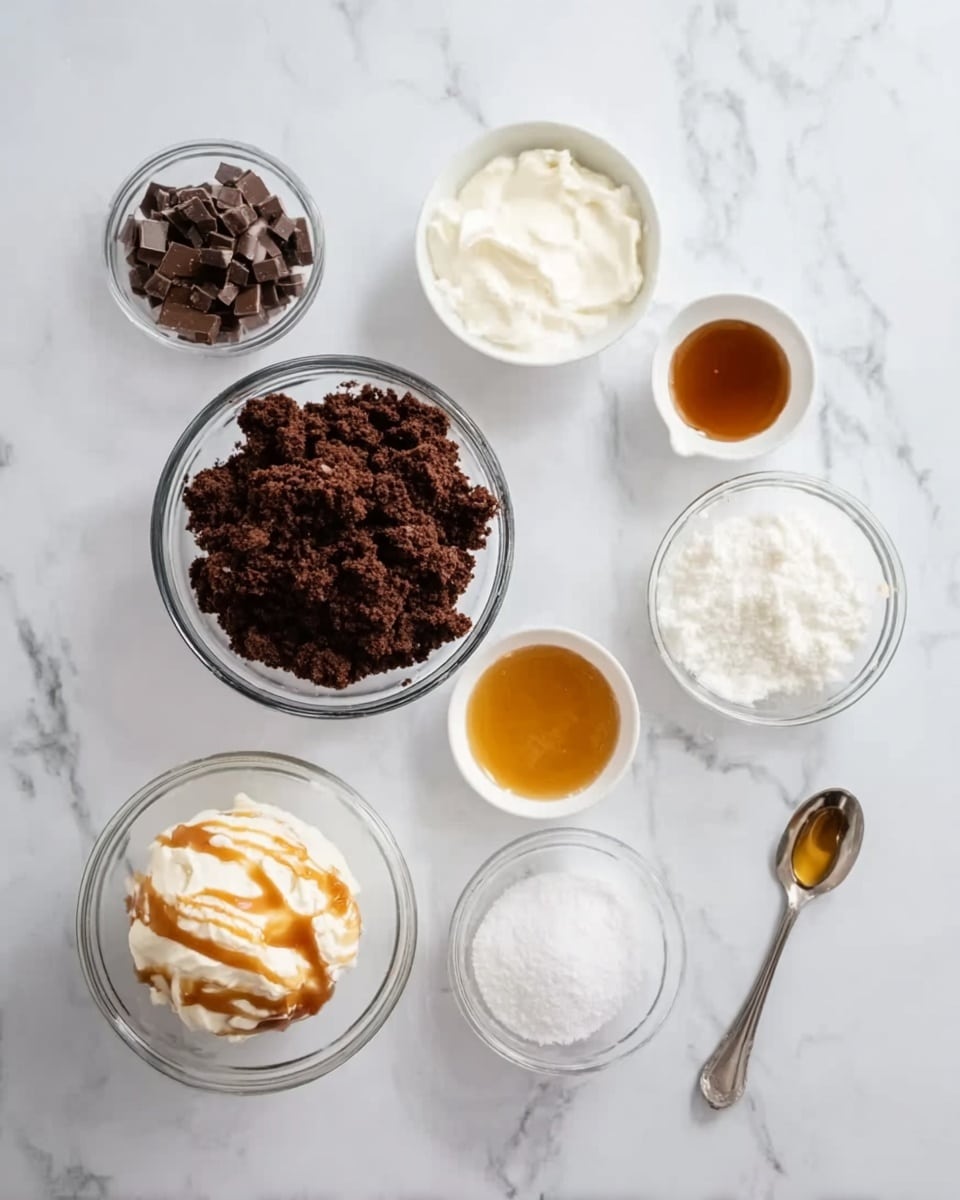 The image shows a white marbled surface with several clear glass bowls and small white dishes arranged neatly. At the center is a clear glass bowl filled with dark brown crumbled cake-like pieces. Surrounding it are smaller bowls and dishes containing white powdered sugar, a thick white cream, light brown caramel sauce, a small amount of golden honey, and a small spoon on the right side. On the left side, there is a small bowl with another creamy white mixture topped with a drizzle of caramel. Everything is placed carefully and the background is a clean white marbled texture. Photo taken with an iphone --ar 4:5 --v 7