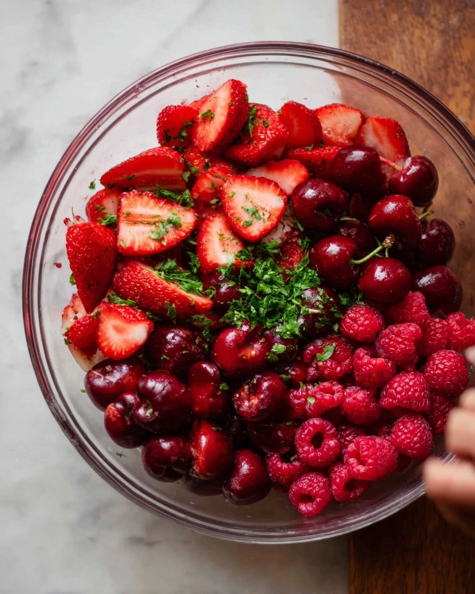 The image shows a clear glass bowl full of fresh fruit on a white marbled surface. The bowl contains three main layers of fruit: bright red strawberries sliced thinly with green tops, deep red cherries cut in halves with stems removed, and small, plump raspberries in a rich red color. There are some green chopped herbs sprinkled on top, adding a fresh contrast to the red tones. A woman's hand is reaching into the bowl from the right side. Photo taken with an iphone --ar 4:5 --v 7