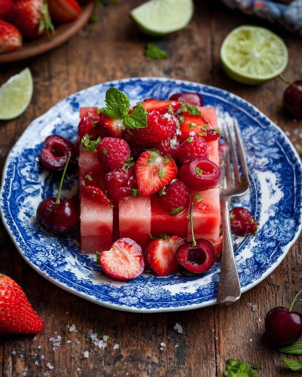 A blue and white patterned plate holds a vibrant fruit salad with three main layers: the bottom layer has light pink watermelon cubes with a smooth texture, the middle layer is filled with bright red strawberries sliced in half showing their juicy inside, and the top layer contains whole and halved deep red raspberries and cherries with green mint leaves scattered lightly on top. A silver fork rests on the right side of the plate holding a cherry half, and some pieces of lime and strawberry are visible on the rustic wooden table around the plate. photo taken with an iphone --ar 4:5 --v 7