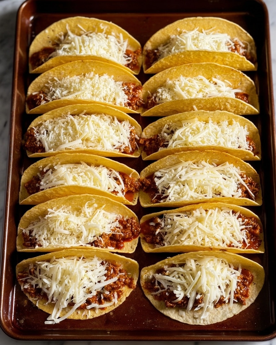 The image shows a baking tray with eight folded soft yellow corn tortillas arranged neatly in two rows. Each tortilla is filled with a layer of cooked reddish-brown meat mixed with sauce, topped with a layer of white shredded cheese. One tortilla in the corner is open, displaying the two layers inside: the bottom layer of meat and the top layer of white shredded cheese on a white marbled surface. The tray is dark brown, and the whole scene looks warm and fresh. Photo taken with an iphone --ar 4:5 --v 7