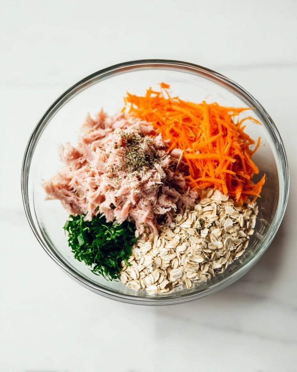 A clear glass bowl sits on a white marbled surface filled with four distinct layers arranged in four sections, not mixed. One section has light pink shredded tuna with some black pepper on top, next to it is a bright orange layer of shredded carrot, beside that is a pale beige layer of rolled oats, and the last small section shows fresh, chopped green herbs. The bowl and its contents are seen from above, showing the clear separation of each colorful ingredient. Photo taken with an iphone --ar 4:5 --v 7
