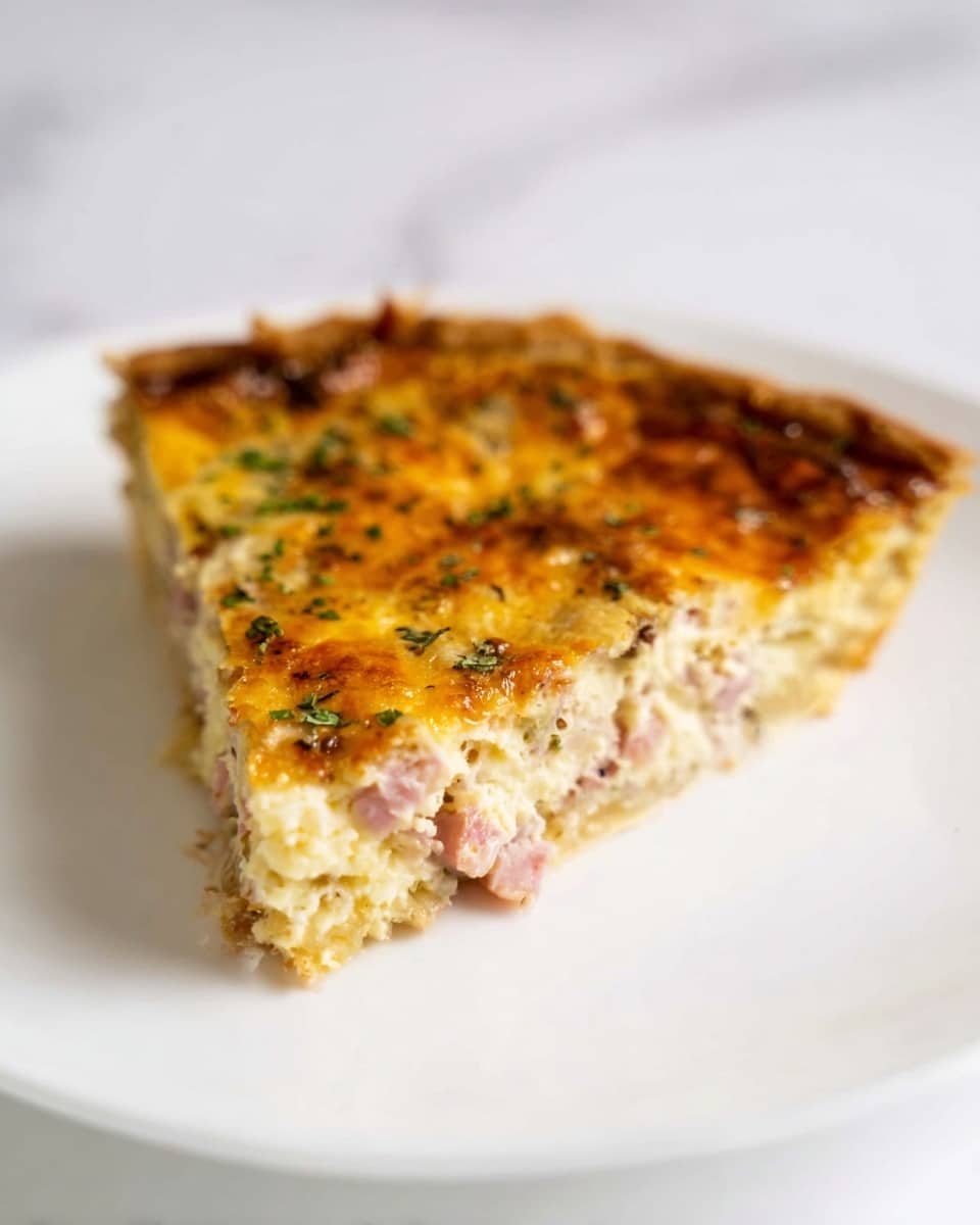 A single slice of quiche sits on a white plate placed on a white marbled surface. The quiche has two visible layers: a top layer with a golden brown, slightly crispy texture showing melted cheese with hints of orange and browned spots, and a thick bottom layer with a creamy light beige mixture that is studded with small pieces of pink ham and green herbs scattered throughout. The edges of the slice are soft and slightly crumbly. Photo taken with an iphone --ar 4:5 --v 7