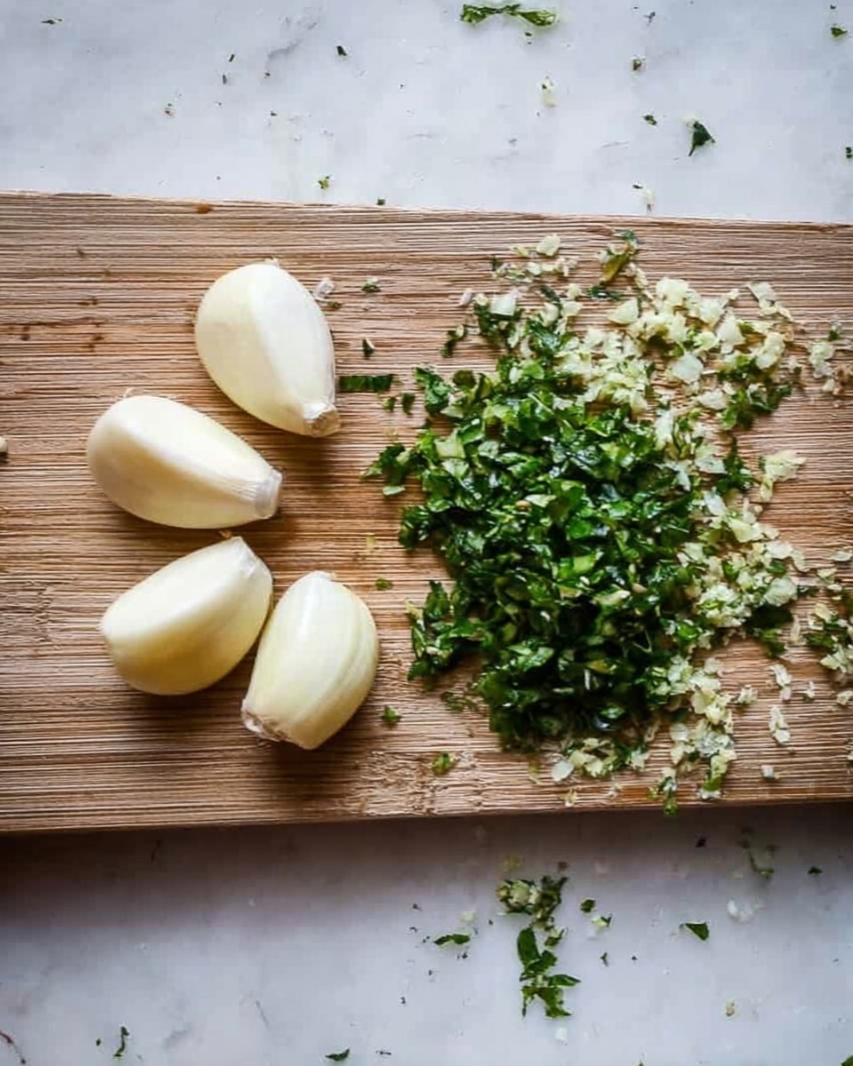 The image shows a light brown wooden board with five peeled garlic cloves arranged in two groups on the left side. On the right side of the board, there is a pile of finely chopped green herbs, creating a contrast of white and green colors. Small bits and crumbs of herbs and garlic are scattered around, adding texture to the scene. The background is a white marbled texture photo taken with an iphone --ar 4:5 --v 7