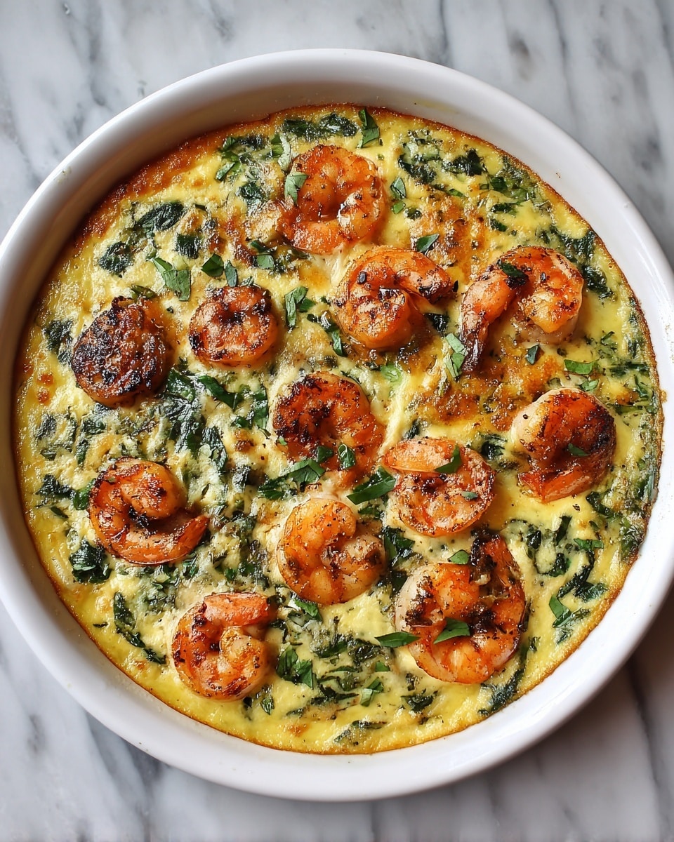 A white shallow dish filled with a creamy, golden-yellow baked base topped with many pieces of cooked shrimp that are orange with slight char marks. Mixed into the creamy base are small green leafy herbs scattered evenly beneath and around the shrimp. The shrimp look juicy and slightly firm, resting evenly across the surface. The background is a white marbled texture. Photo taken with an iphone --ar 4:5 --v 7