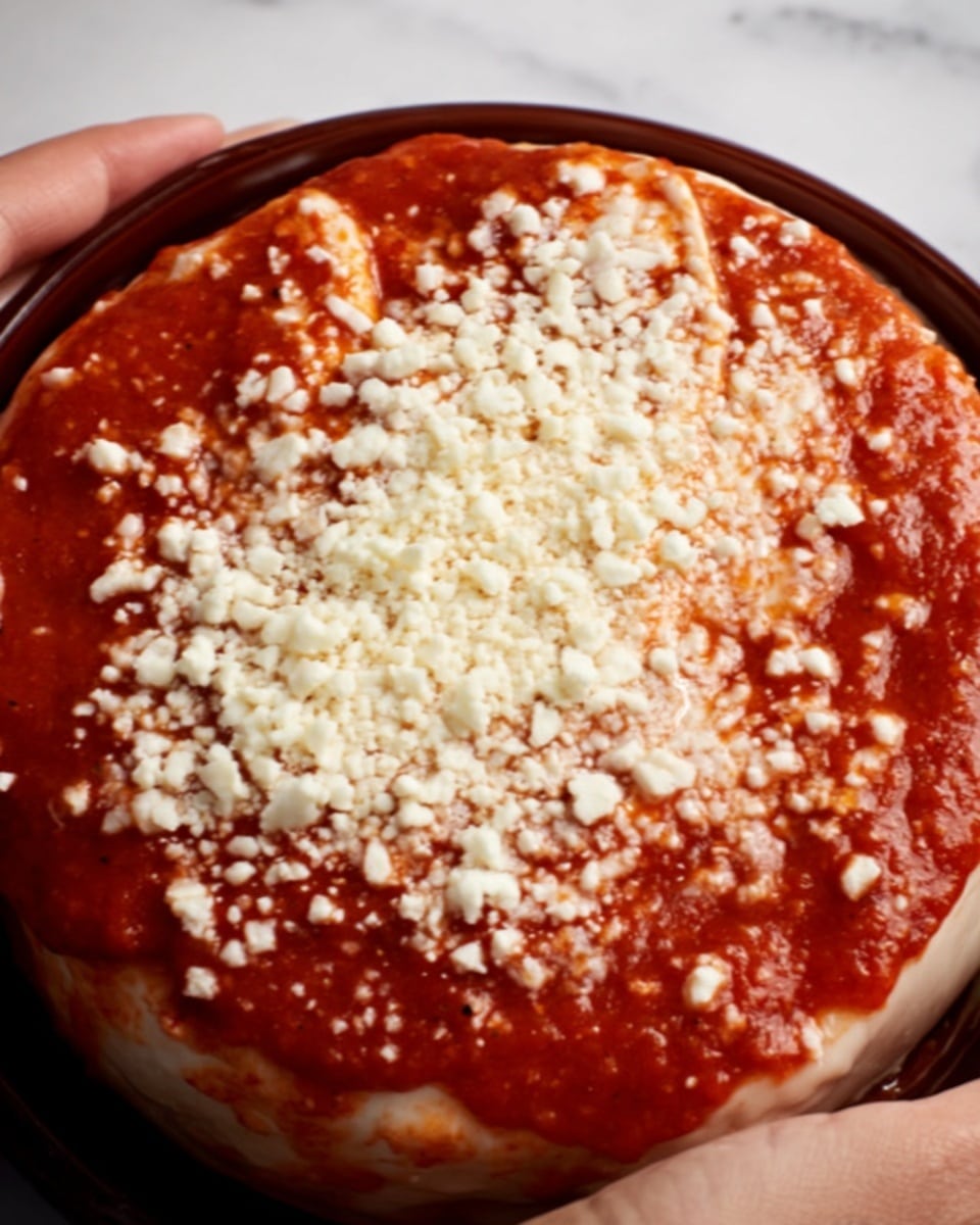 A close-up image shows two woman's hands holding a round stack of food. The bottom layer is a beige, smooth flat base. Above it, there is a thick layer of bright red sauce with a slightly chunky texture spread evenly. The top layer is a sprinkling of small white cheese pieces covering most of the red sauce. The background is a white marbled surface. photo taken with an iphone --ar 4:5 --v 7