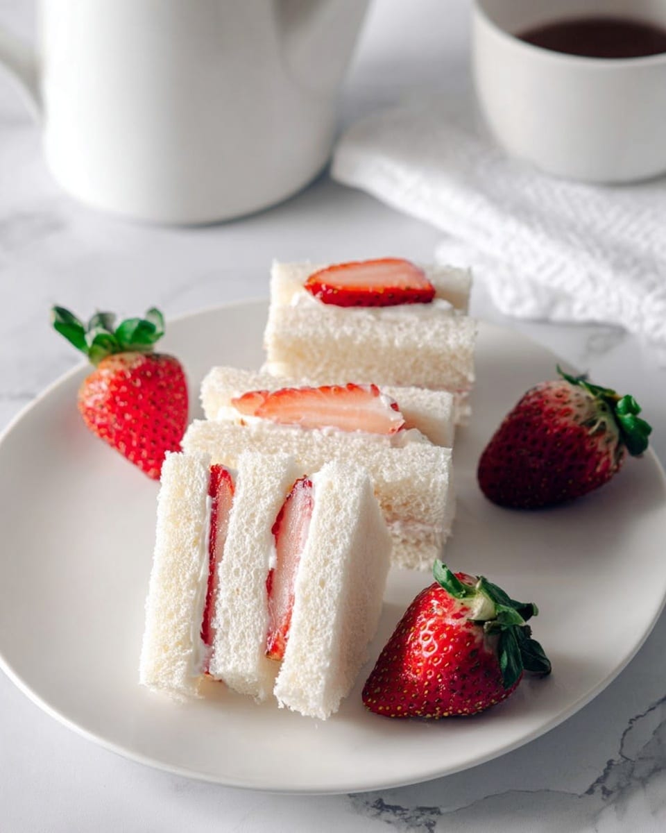 The image shows a white plate with three small finger sandwiches arranged side by side. Each sandwich has two layers of soft, white bread with a thin layer of cream and sliced strawberries in between. The middle sandwich has a small piece of strawberry on top for decoration. Two whole, fresh strawberries with green leaves are placed on the plate, one near the top and one near the bottom. The plate is set on a white marbled surface, with a white teapot and a folded white cloth visible in the background. Photo taken with an iphone --ar 4:5 --v 7