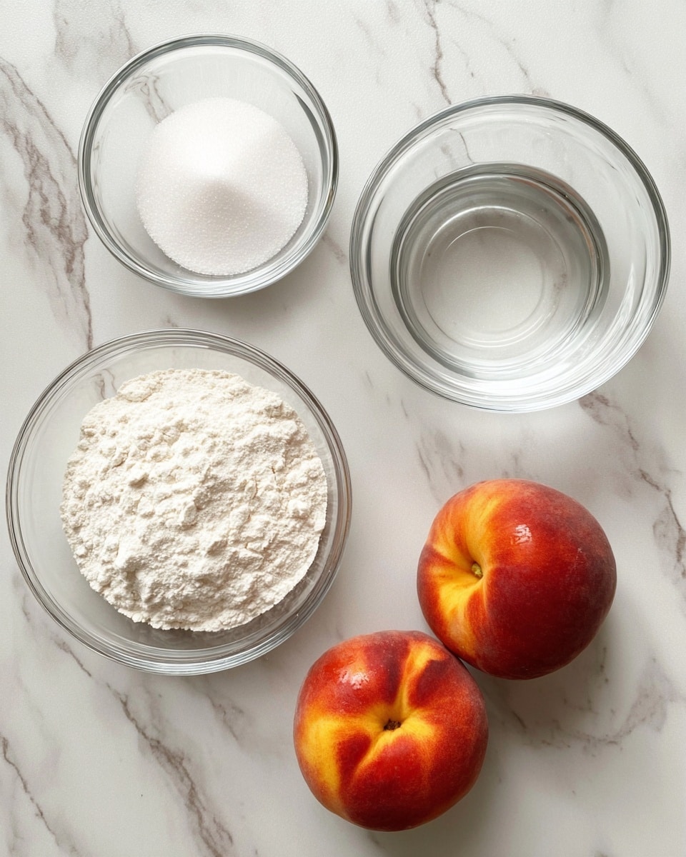 The image shows four clear glass bowls placed on a white marbled surface. The top left bowl contains white granulated sugar, the bottom left bowl holds white flour, the middle right bowl is filled with clear water, and below it to the right are two whole peaches with a red and yellow skin, slightly shiny. Each ingredient is separated clearly with no overlap, and the bright lighting highlights the textures and colors of each element. Photo taken with an iphone --ar 4:5 --v 7