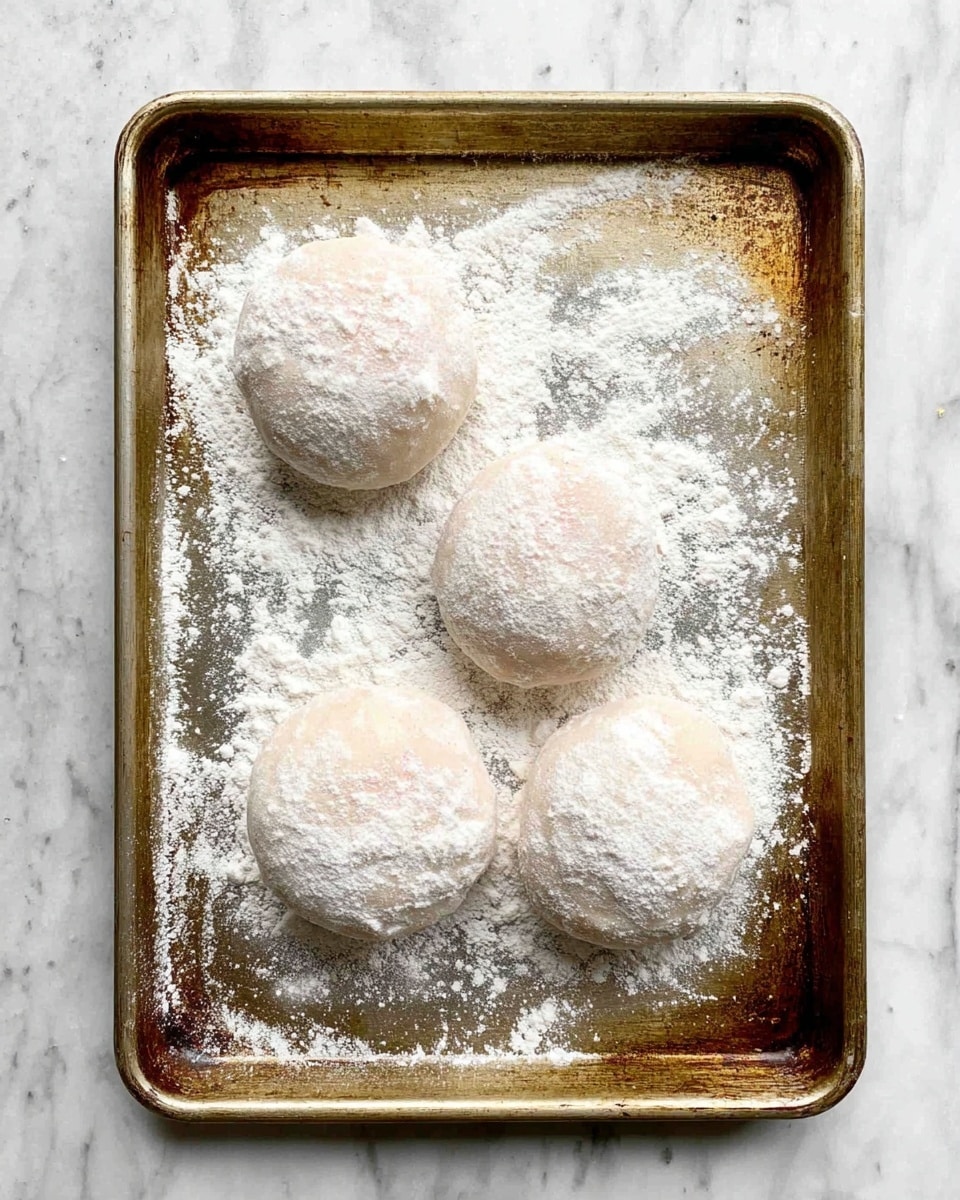 The image shows a metal baking sheet with four round dough balls placed on it, each covered with a thick layer of white flour. The dough balls have a slightly pinkish tint under the flour and are evenly spaced out on the sheet. The surface of the dough looks smooth but dusted with a heavy coating of flour, creating a powdery texture all around them and the baking sheet. The baking sheet itself is well-used, showing brown and slightly rusted marks, set on a white marbled texture surface. photo taken with an iphone --ar 4:5 --v 7
