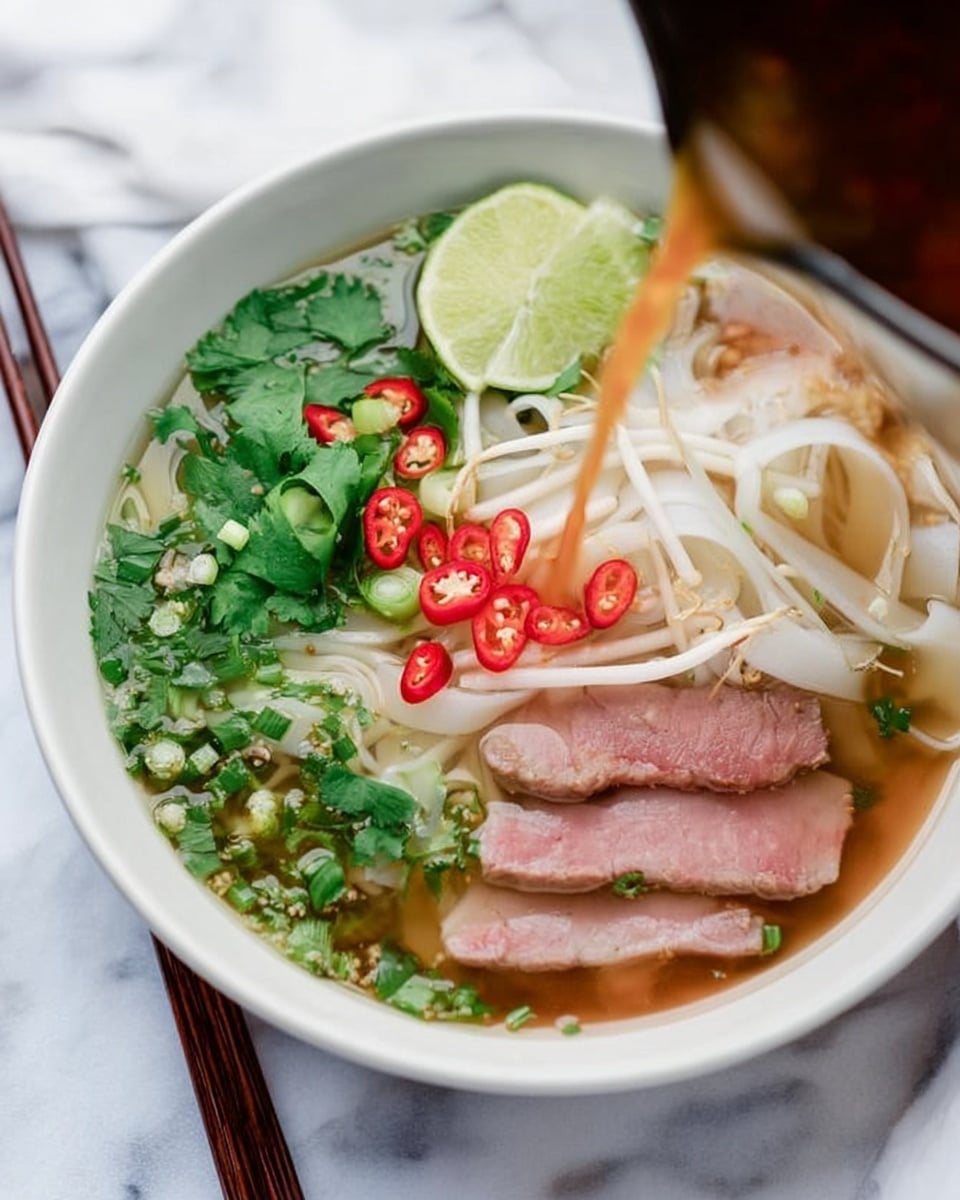 The image shows a white bowl filled with clear soup being poured from a pot. Inside the bowl, there are several layers: at the bottom, light pink slices of meat folded neatly; above them, a mix of white noodles and thinly sliced light brown sausage pieces; on top of that, green herbs like chopped scallions and cilantro with small red chili slices scattered. A wedge of lime sits on the side of the bowl. Dark brown chopsticks rest on the bowl's edge. The bowl is on a white marbled surface. Photo taken with an iphone --ar 4:5 --v 7