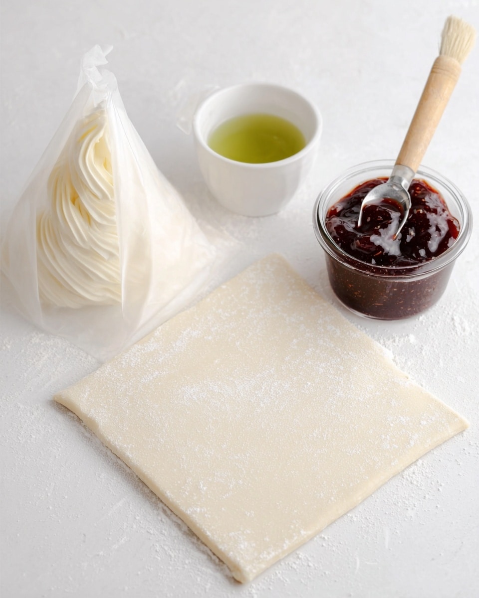The image shows a flat white surface with three main items arranged on it: a white pastry bag filled with light cream, a white square dough sheet with a slightly flour-dusted texture, and a small clear glass jar filled with dark red jam, placed next to a silver spoon resting inside it. In the background, there is a small white cup holding a green liquid and a brush. The overall setup is neat and clean with soft lighting highlighting the smooth textures of the dough and cream. photo taken with an iphone --ar 4:5 --v 7