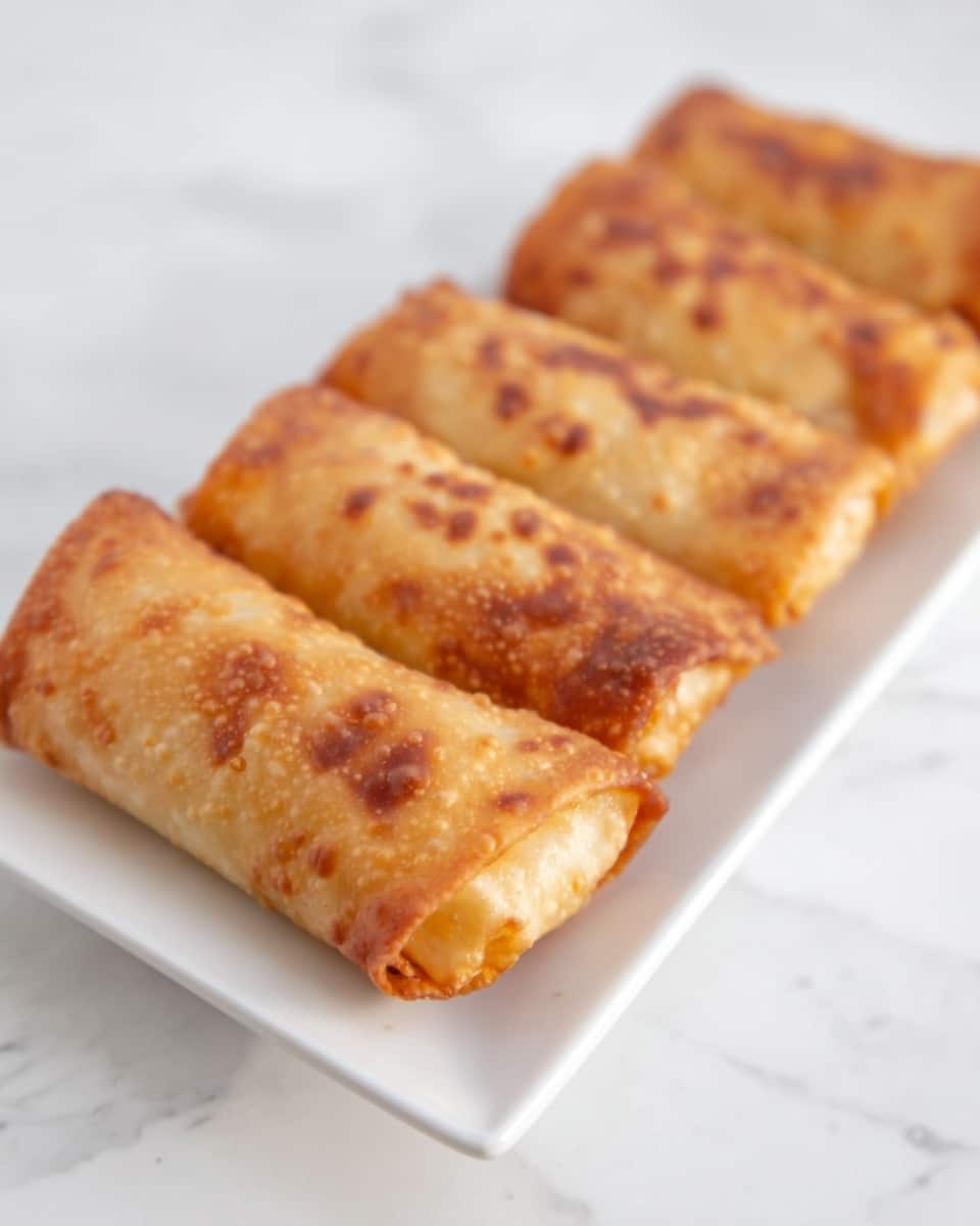 A white rectangular plate holds four golden-brown fried rolls placed in a straight line, each roll showing a slightly bubbly, crisp outer texture with small dark spots from frying. The rolls have a smooth, tightly wrapped shape with uniform size and light shining softly on their surface. The plate sits on a white marbled surface, creating a clean and bright background. Photo taken with an iphone --ar 4:5 --v 7