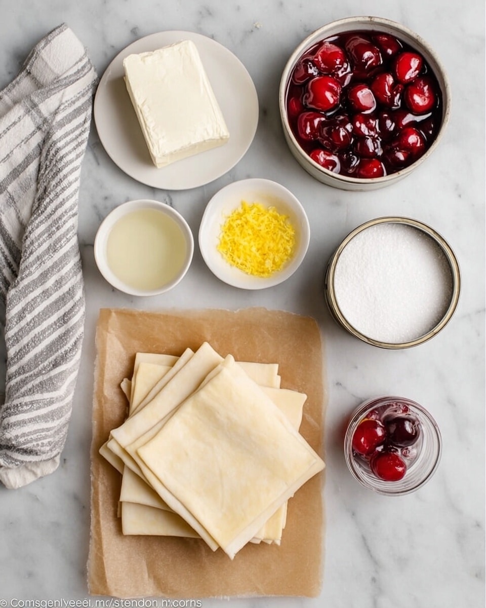 The image shows a flat lay of several cooking ingredients on a white marbled surface. At the center bottom, there are four folded layers of light beige pastry sheets stacked neatly on a piece of brown parchment paper. Above them, from left to right, there is a small white bowl with bright yellow lemon zest, a small white bowl containing a clear liquid, and a larger white bowl filled with white granulated sugar. At the top left, a square white block of cream cheese sits on a small white plate. To the top right, an open can filled with deep red cherry halves in syrup is visible. A folded white and gray striped cloth is placed on the left side next to the ingredients. Photo taken with an iphone --ar 4:5 --v 7