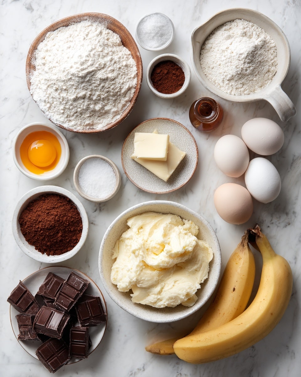 Top-down professional food photography, flat lay style, bright white marble countertop, neatly arranged, evenly spaced, tidy, clean organized layout, include: bowl of all-purpose flour, small bowl of baking powder, small bowl of salt, bowl of granulated sugar, small plate with melted butter, small plate with three whole eggs, small bottle of vanilla essence, small bowl of unsweetened cocoa powder, bowl of chopped bittersweet chocolate, bowl of mashed ripe bananas, bright soft natural lighting, sharp focus, high detail textures, realistic reflections, professional DSLR look, 4K, no finished dish, no cooked food, no hands, no text, no watermark, no brand logos --ar 4:5 --v 7
