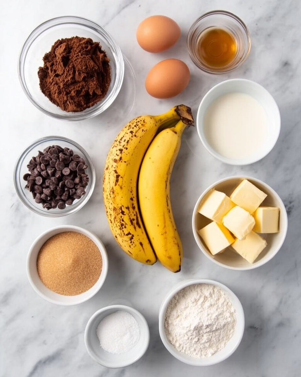 A top view of various ingredients arranged neatly on a white marbled surface: two ripe yellow bananas with brown spots placed side by side in the middle, three brown eggs positioned above them, a small glass bowl of light brown liquid next to the eggs, a medium white bowl filled with white liquid on the right, a small white bowl of cocoa powder above the bananas on the left, a small white bowl of dark chocolate chips below the bananas on the left, a medium white bowl of light brown soft sugar below the eggs and right of the chocolate chips, a medium white bowl with three cubes of pale yellow butter to the right, a small white bowl of white flour below the butter bowl, and a tiny white bowl with white powder at the bottom center. photo taken with an iphone --ar 4:5 --v 7