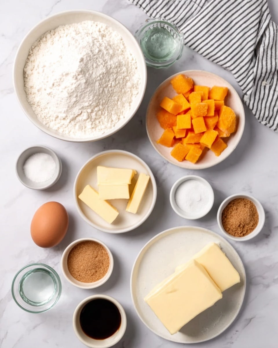 The image shows a white marbled surface with several white bowls and a white plate arranged neatly. There is one large white bowl filled with white flour at the top, a smaller white bowl with bright orange diced pieces in the center, a small white plate with two thick slices of pale yellow butter on the right, and several small white bowls containing brown sugar, white sugar, baking soda, and a white powder (likely baking powder). Additionally, a single brown egg, a small glass of clear liquid, and a small glass of dark liquid (likely vanilla) are placed on the surface. A striped cloth is visible at the top right edge of the frame. photo taken with an iphone --ar 4:5 --v 7