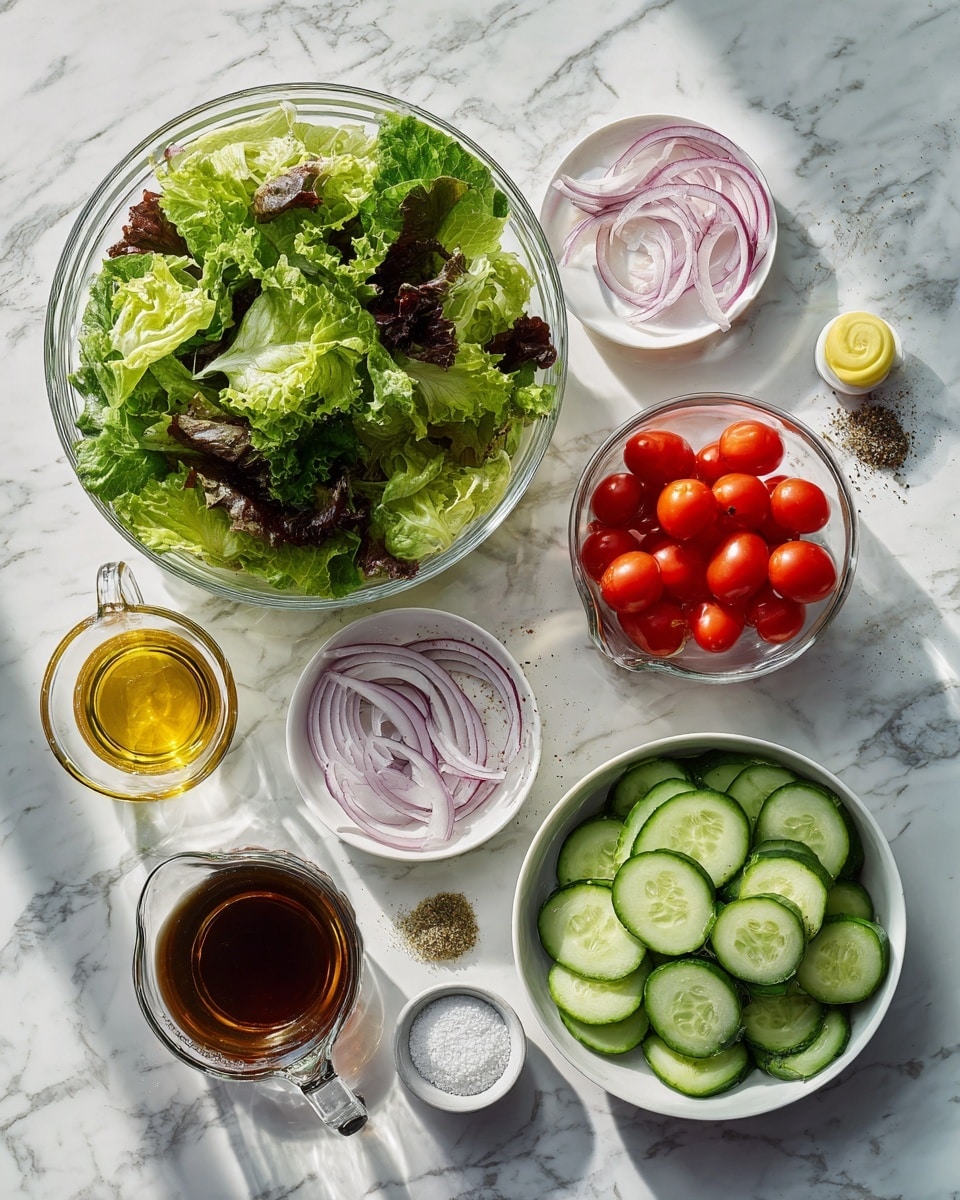 Top-down professional food photography flat lay style, bright white marble countertop, neatly arranged, evenly spaced, tidy, clean organized layout, include: large bowl of mixed leafy greens, small bowl of halved cherry tomatoes, small bowl of sliced cucumber, small bowl of thinly sliced red onion, glass measuring cup of apple cider vinegar, small glass cup of extra virgin olive oil, small bowl of Dijon mustard, small bowl of salt, small bowl of black pepper, bright soft natural lighting, sharp focus, high detail textures, realistic reflections, professional DSLR look, 4K, no finished dish, no cooked food, no hands, no text, no watermark, no brand logos --ar 4:5 --v 7