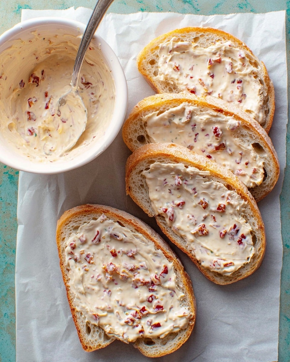 Four slices of light brown bread with a soft, airy texture are spread with a creamy white sauce mixed with small bits of red and darker specks. Each slice has a generous, uneven layer of this creamy spread covering most of the top surface. To the left, a white bowl holds more of the same creamy sauce, with a small spoon resting inside. All items are placed on a sheet of parchment paper over a white marbled surface. Photo taken with an iphone --ar 4:5 --v 7